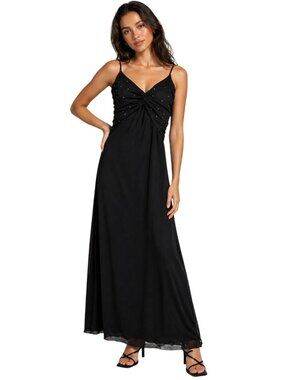 90s Y2K Taboo Black Formal Maxi Dress Womens Spaghetti Strap Rhinestone Twist Fr